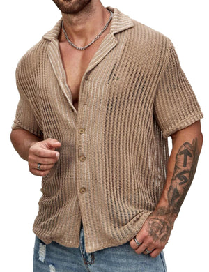 Men's Button Down Light Coffee Short Sleeve Knit Summer Shirt