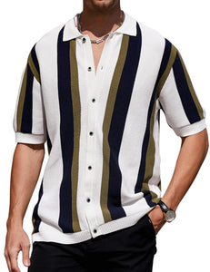 Men's Knit Golf Style White Grey Striped Short Sleeve Shirt