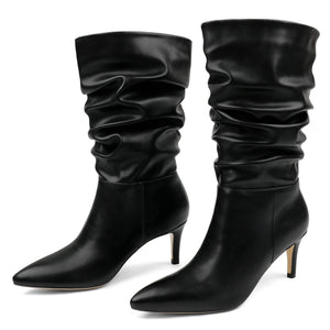 Designer Style Suede Ruched Mid Calf Boots