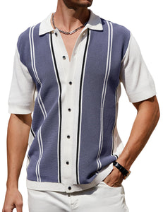 Men's Knit Golf Style Navy Blue Striped Short Sleeve Shirt