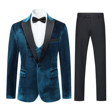 Men's 3pc Blue/Green Velvet Slim Fit Formal Jacket & Pants Suit