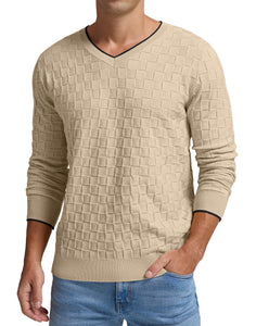 Men's White Knit Basketweave Long Sleeve V Neck Sweater