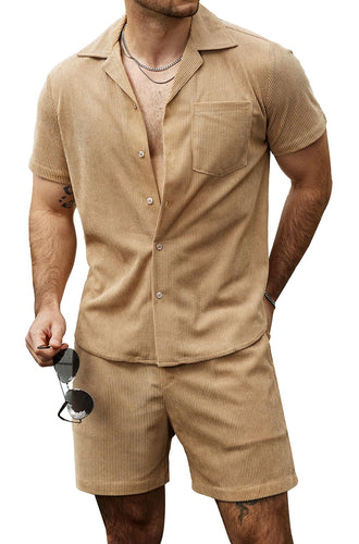 Men's Khaki Short Sleeve Corduroy Shorts Set