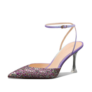 Pointed Toe Sequined Sling Back Heels
