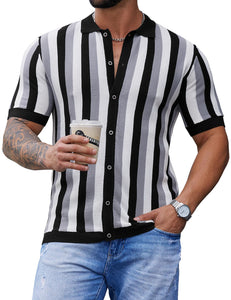 Men's Knit Golf Style White Grey Striped Short Sleeve Shirt