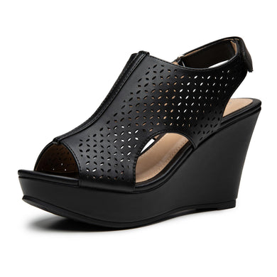 Chic Black Open Toe Preforated Wedge Sandals