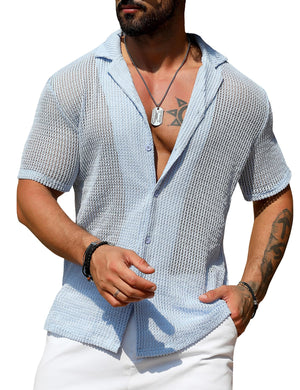 Men's Button Down Blue Short Sleeve Knit Summer Shirt