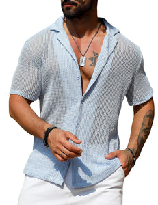 Men's Button Down Light Coffee Short Sleeve Knit Summer Shirt