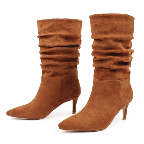 Designer Style Suede Ruched Mid Calf Boots