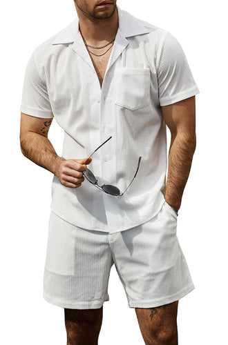 Men's White Short Sleeve Corduroy Shorts Set