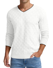 Load image into Gallery viewer, Men&#39;s White Knit Basketweave Long Sleeve V Neck Sweater