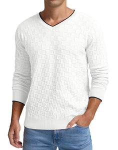 Men's White Knit Basketweave Long Sleeve V Neck Sweater