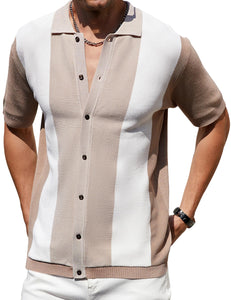 Men's Knit Golf Style White Grey Striped Short Sleeve Shirt