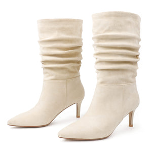Designer Style Suede Ruched Mid Calf Boots