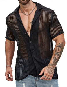 Men's Button Down Light Coffee Short Sleeve Knit Summer Shirt