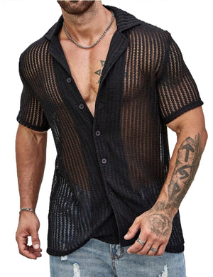 Men's Button Down Black Short Sleeve Knit Summer Shirt