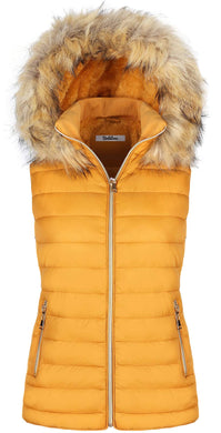 Women's Padded Quilted Fur Hooded Sleeveless Vest