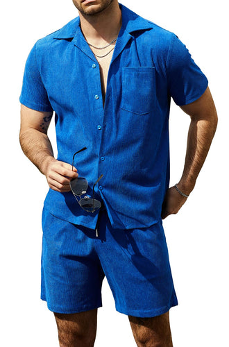 Men's Blue Short Sleeve Corduroy Shorts Set