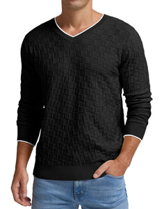 Men's White Knit Basketweave Long Sleeve V Neck Sweater