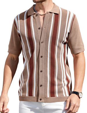 Men's Knit Golf Style Camel Striped Short Sleeve Shirt