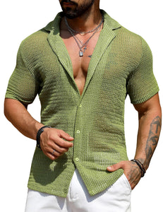 Men's Button Down White Short Sleeve Knit Summer Shirt
