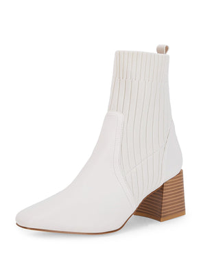 White Leather Knit Chunky Heel Ankle Boots
