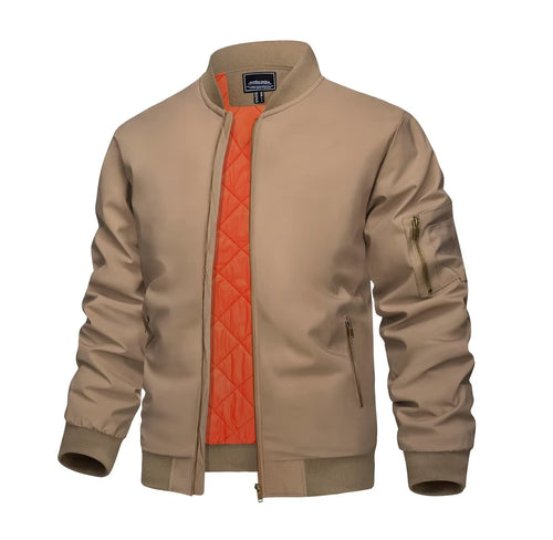 Men's Khaki Bomber Zip Up Long Sleeve Jacket