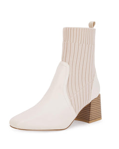 White Leather Knit Chunky Heel Ankle Boots