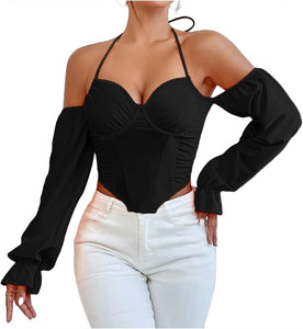 Black Sweetheart Open Shoulder Long Sleeve Top