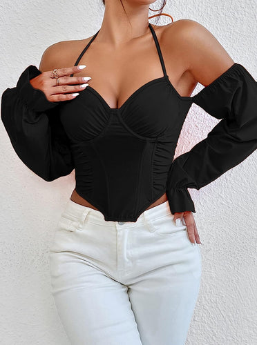 Black Sweetheart Open Shoulder Long Sleeve Top