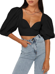 Sweetheart Puff Sleeve White Crop Top