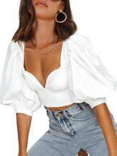 Load image into Gallery viewer, Sweetheart Puff Sleeve White Crop Top