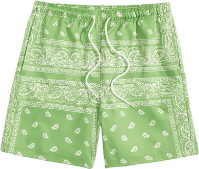 Men's Lime Green Drawstring Paisley Printed Summer Shorts