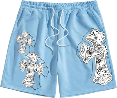 Men's Light Bue Drawstring Cross Printed Summer Shorts