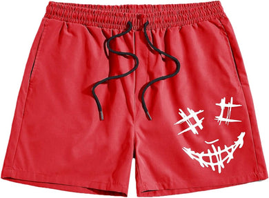 Men's Red Drawstring Printed Summer Shorts
