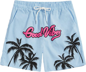 Men's Beige Good Vibes Palm Tree Summer Shorts