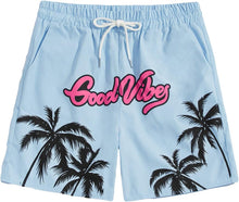 Load image into Gallery viewer, Men&#39;s Light Blue Good Vibes Palm Tree Summer Shorts