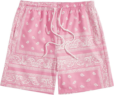 Men's Pink Drawstring Paisley Printed Summer Shorts