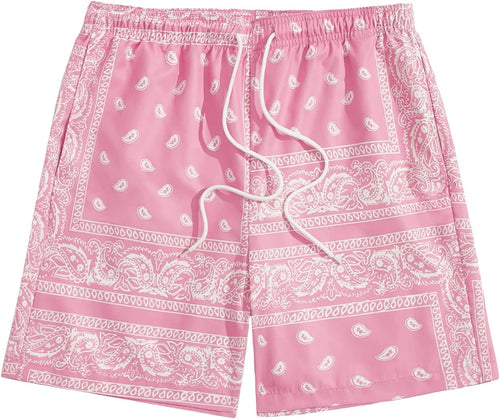 Men's Pink Drawstring Paisley Printed Summer Shorts