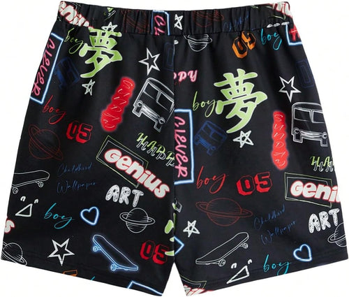 Men's Black Cartoon Printed Summer Shorts