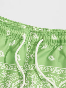 Men's Lime Green Drawstring Paisley Printed Summer Shorts