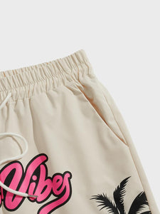 Men's Beige Good Vibes Palm Tree Summer Shorts