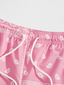 Men's Pink Drawstring Paisley Printed Summer Shorts