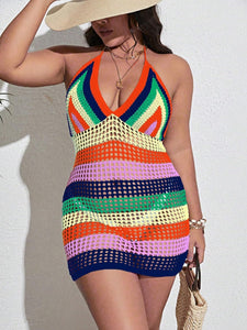 Plus Size Colorful Crochet Halter Cover Up Dress