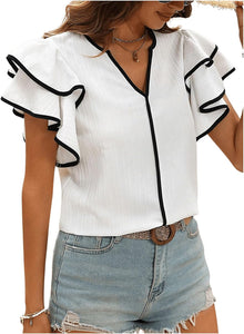 Black & White Ruffle Panel Short Sleeve Top