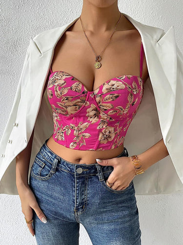 Sweetheart Pink Floral Lace Up Corset Style Strapless Top