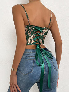 Sweetheart Green Floral Lace Up Corset Style Strapless Top