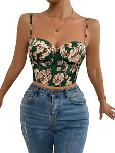 Sweetheart Green Floral Lace Up Corset Style Strapless Top