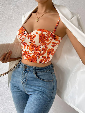 Sweetheart Orange/White Floral Lace Up Corset Style Strapless Top
