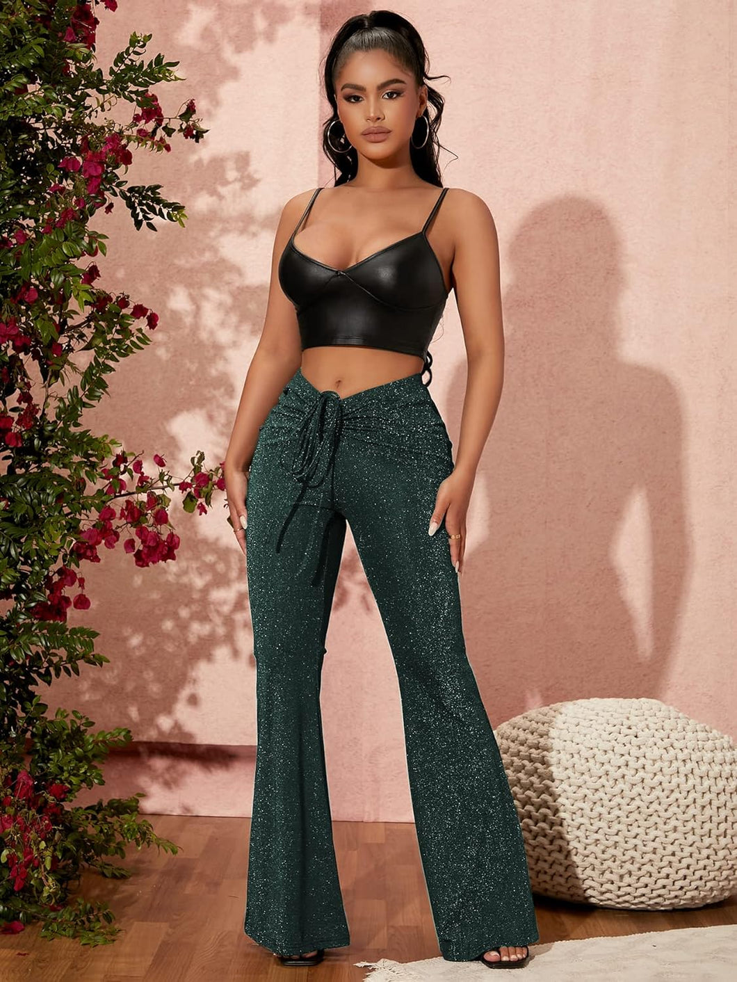 Hunter Green Twist Front Knit Metallic Sparkle Pants